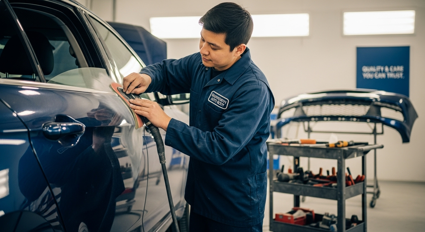 A person working on the body of a blue car